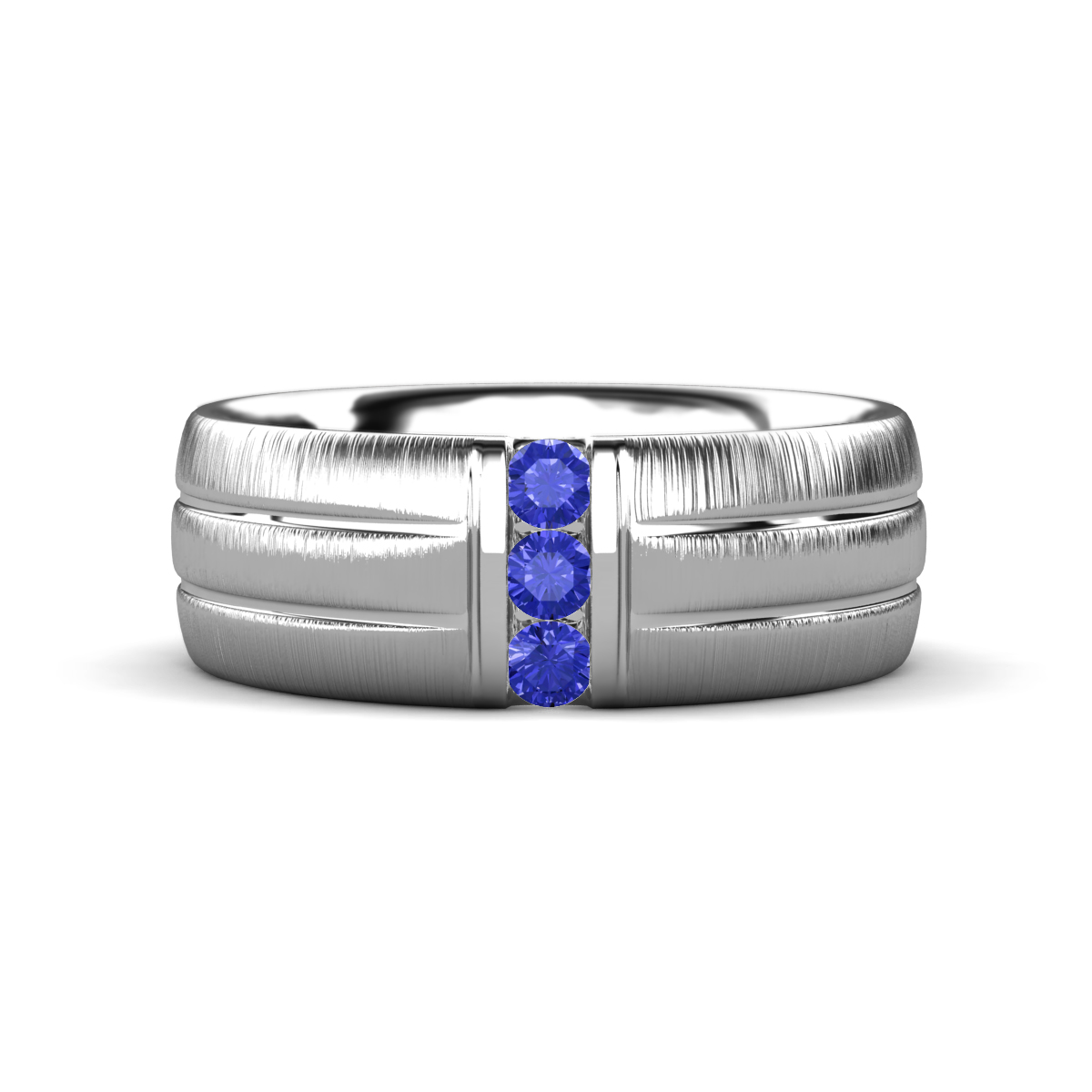 LeBron Round Tanzanite with Brushed and Polished Finish Three Stone Men's Wedding Band (8 mm) 